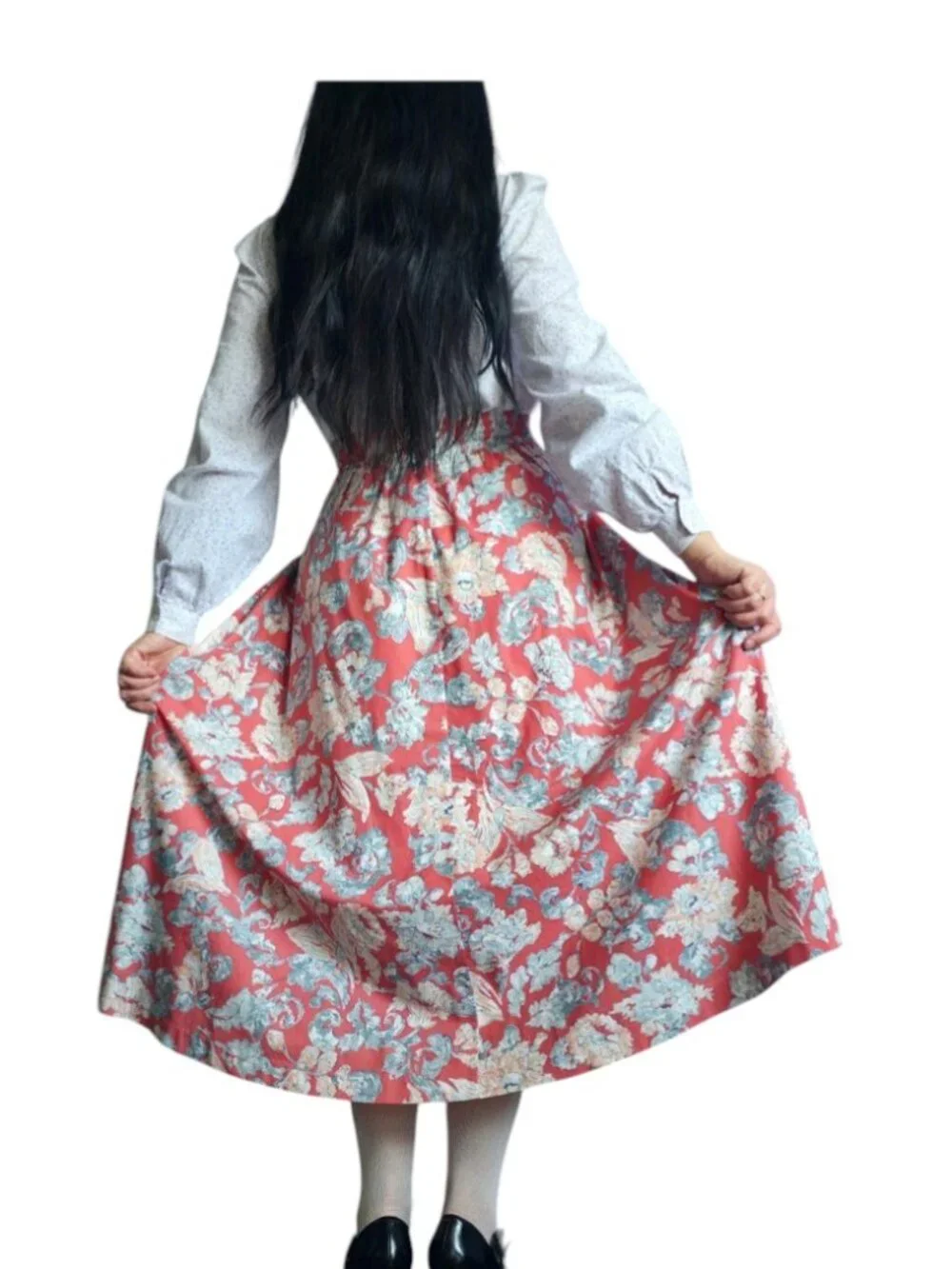 Laura Ashley Vtg Floral Cotton Midi Skirt, Pockets, Coral, 10